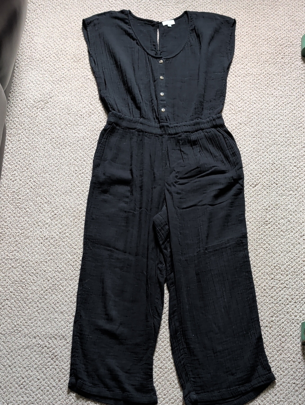 Black Gauze Button Front Elastic Waist Jumpsuit Beach Resort Coastal